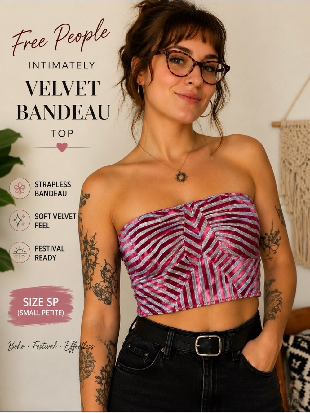 Free People Intimately Velvet Stripe Bandeau Top SP Festival Boho Crop